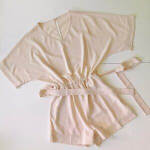 Soft Pink Kimono Style V Neck Romper with Detachable Belt and Deep Pockets